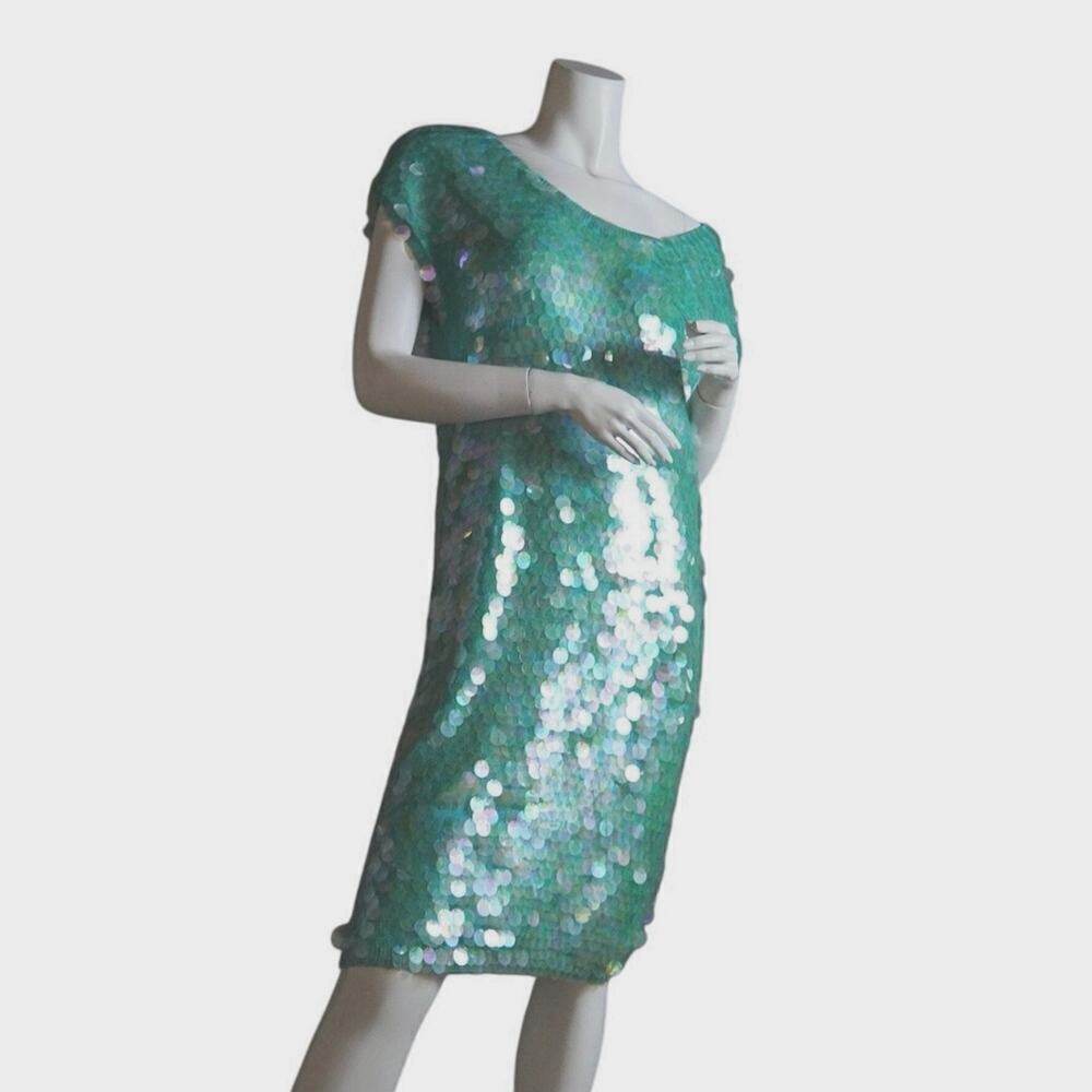 Vintage Norma Kamali dress sequined sequin teal Turquoise mermaid sz L paillete